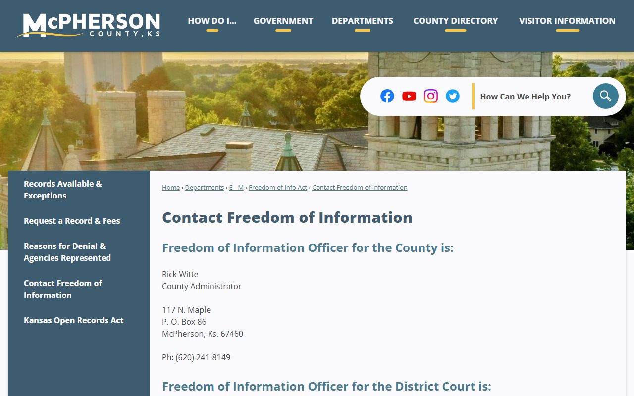 McPherson County Clerk of the District Court Freedom of Information contacts