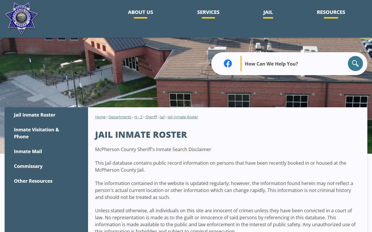 McPherson County inmate search jail roster disclaimer