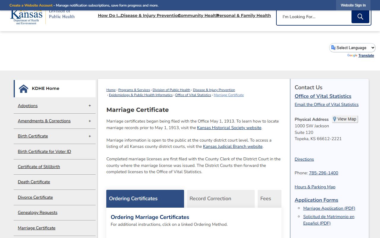 McPherson County marriage records KDHE marriage certificate page